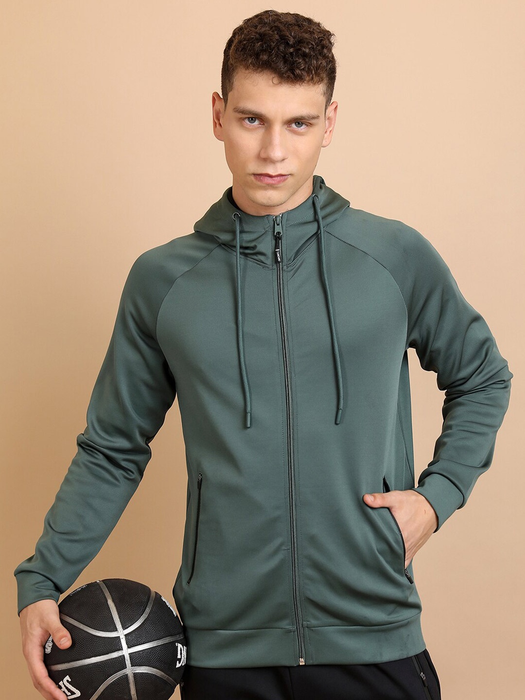 

HIGHLANDER Green Hooded Long Sleeves Front-Open Sweatshirt