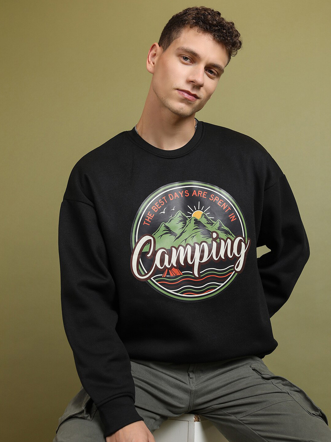 

HIGHLANDER Graphic Printed Oversized Drop Shoulder Pullover Sweatshirt, Black