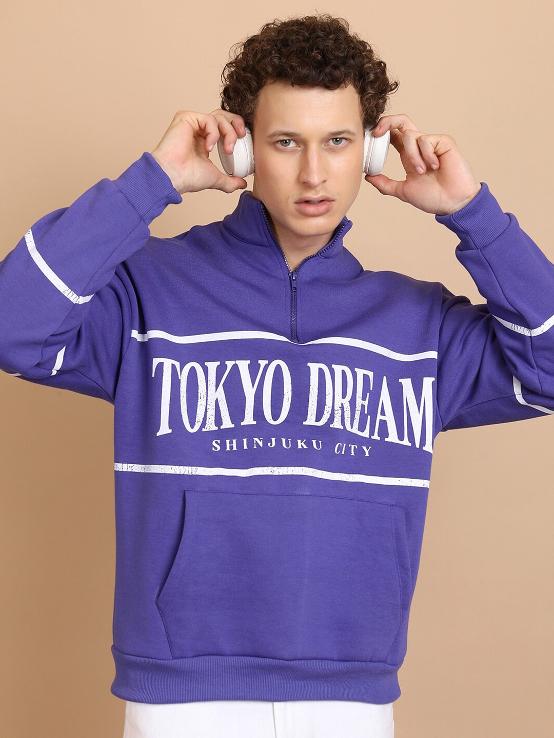 

HIGHLANDER Purple Typography Printed Mock Collar Oversized Sweatshirt