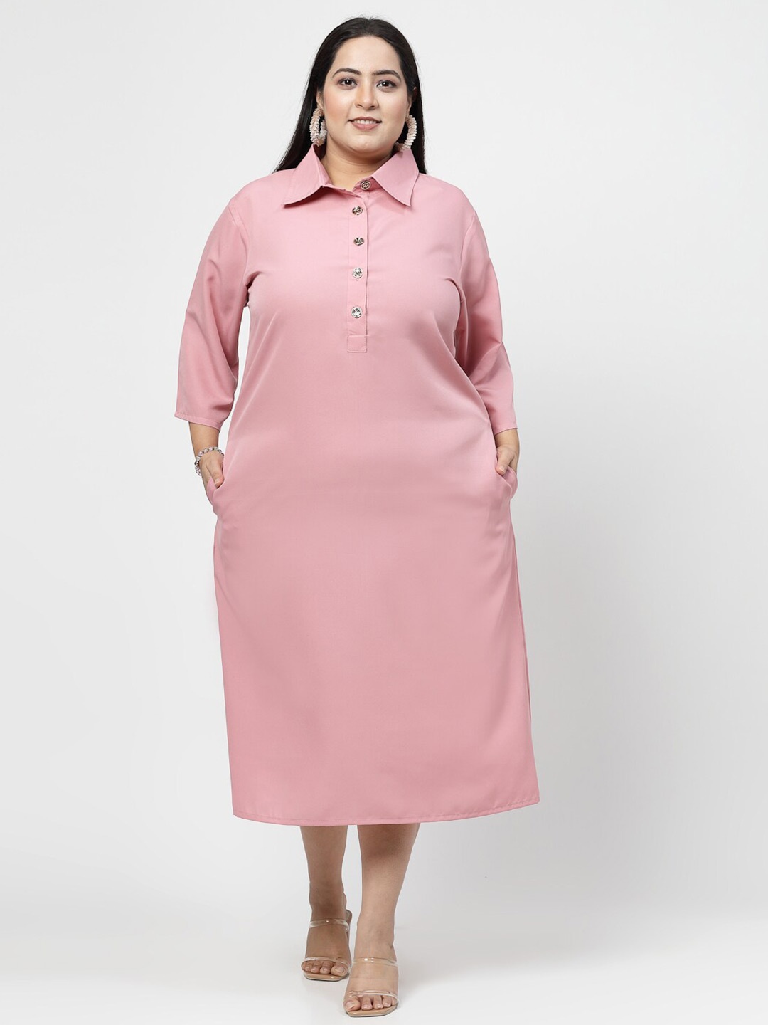 

Flambeur Plus Size Shirt Collar Maxi Dress, Pink