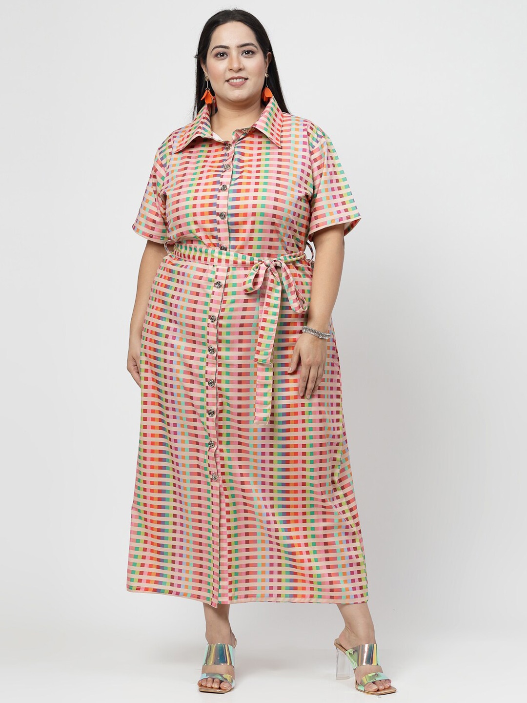 

Flambeur Plus Size Geometric Printed Shirt Collar A-Line Maxi Dress, Yellow