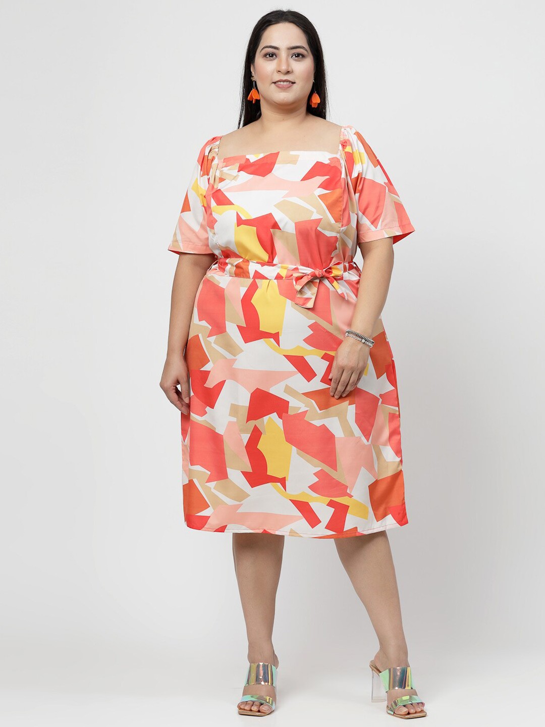 

Flambeur Plus Size Geometric Printed Square Neck A-Line Dress, Peach