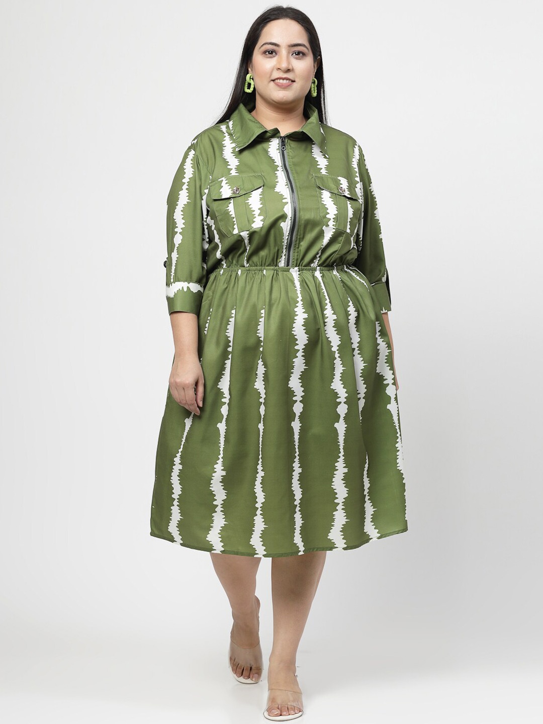 

Flambeur Plus Size Abstract Printed Shirt Collar A-Line Dress, Green