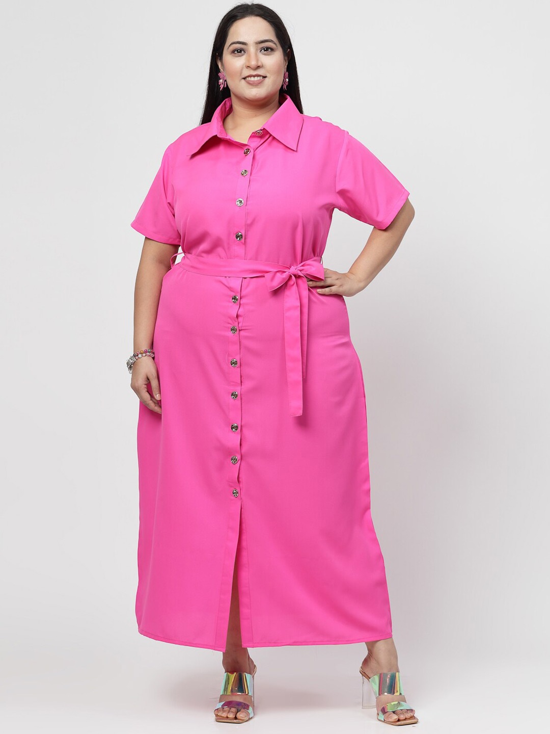 

Flambeur Plus Size Shirt Collar Belted A-Line Maxi Dress, Pink