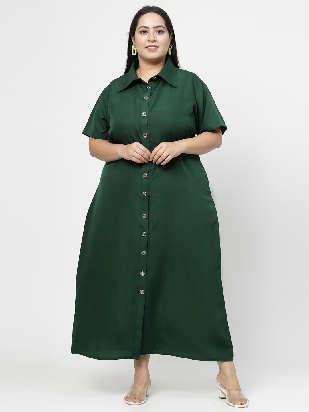 

Flambeur Plus Size Shirt Collar A-Line Midi Dress, Green