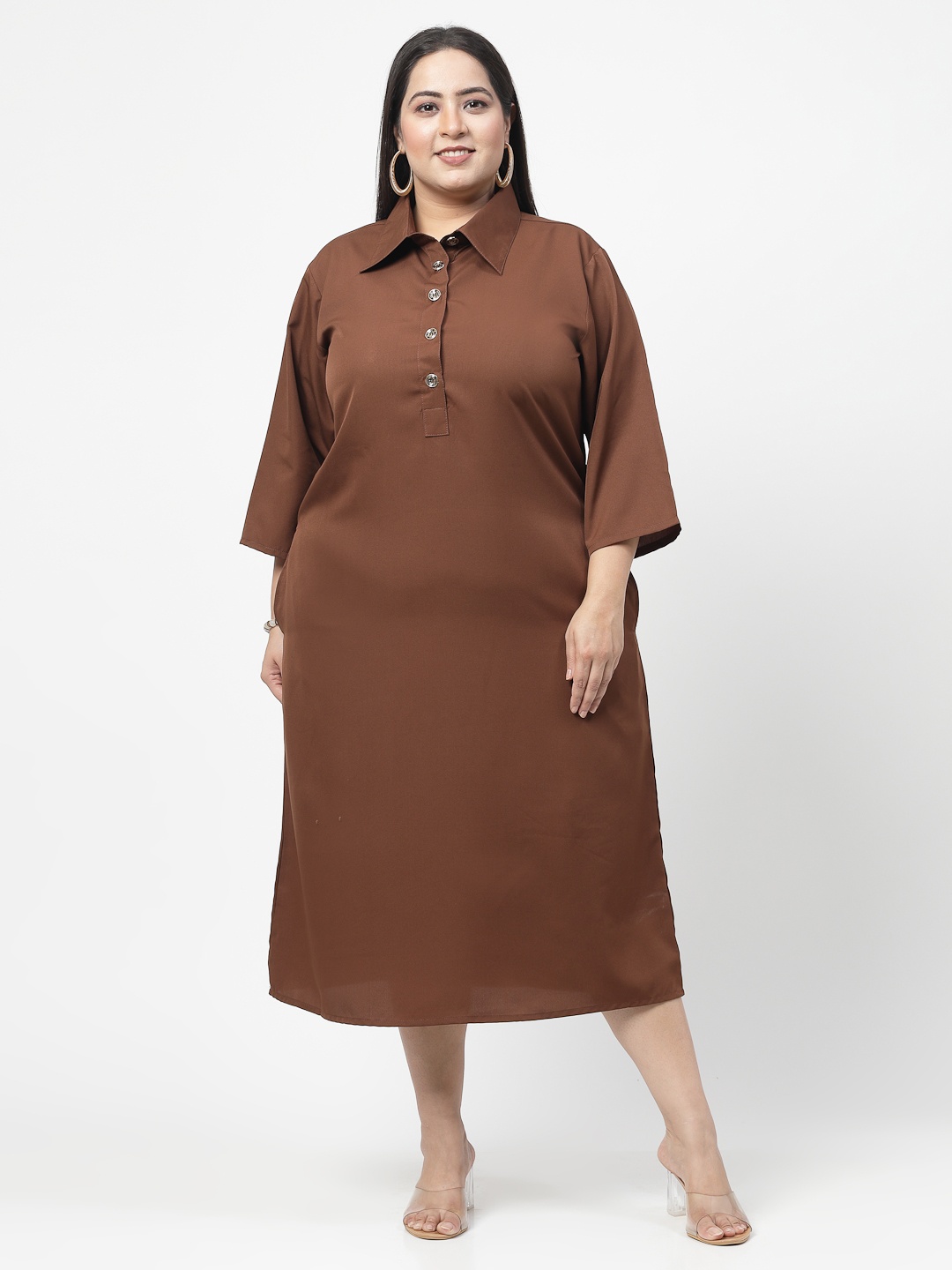 

Flambeur Crepe Shirt Collar Maxi Dress, Brown