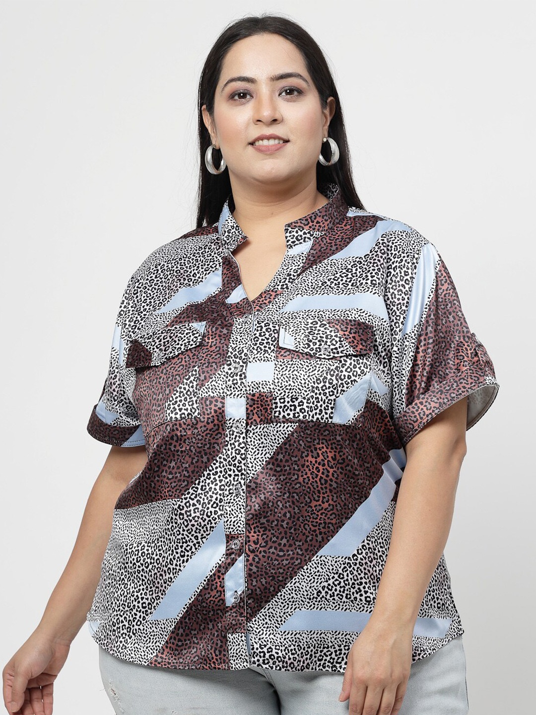 

Flambeur Animal Plus Size Printed Mandarin Collar Satin Shirt Style Top, White