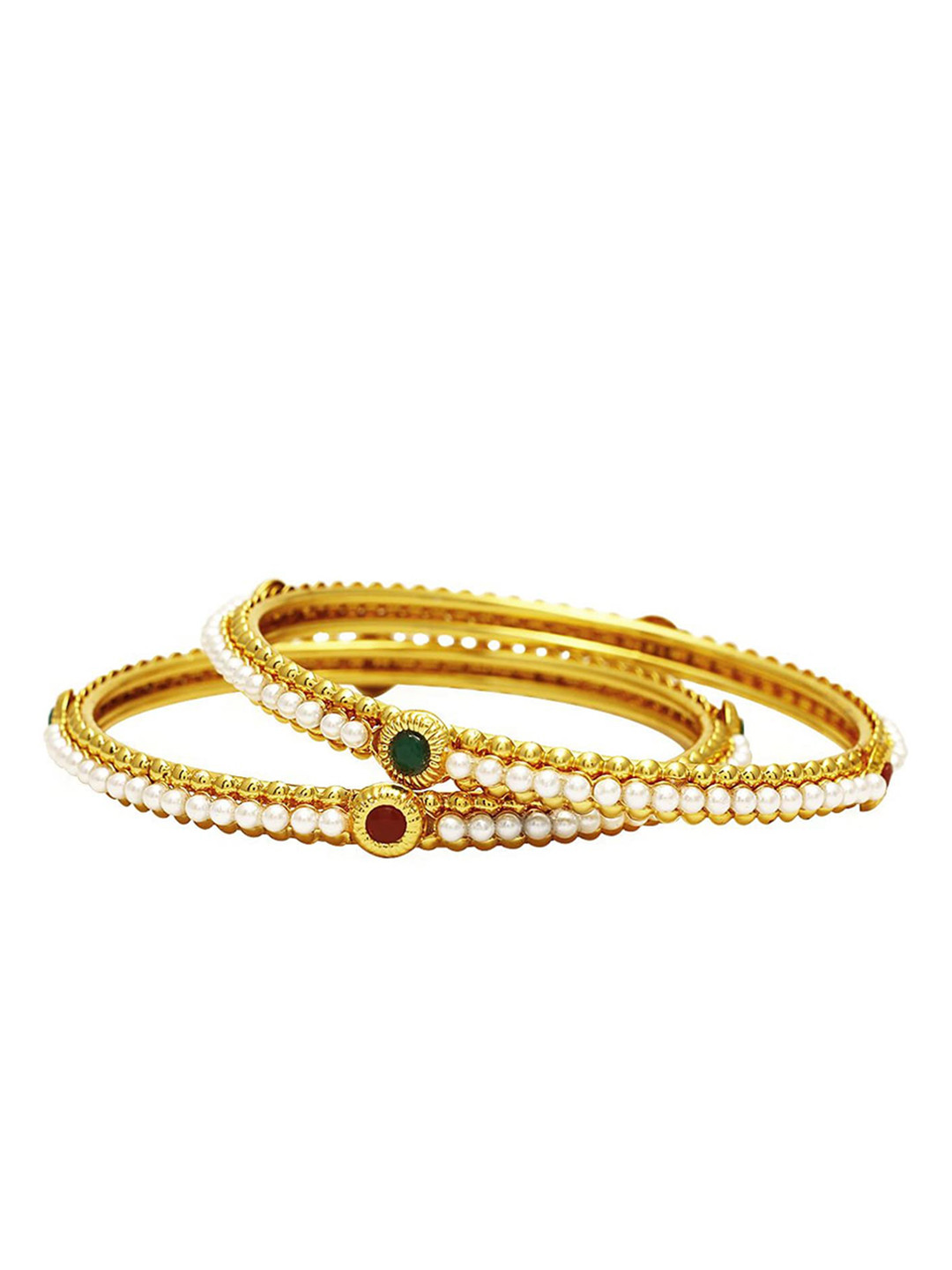 

Yellow Chimes Set Of 2 Gold-Plated Stone-Studded & Pearl Beaded Bangles