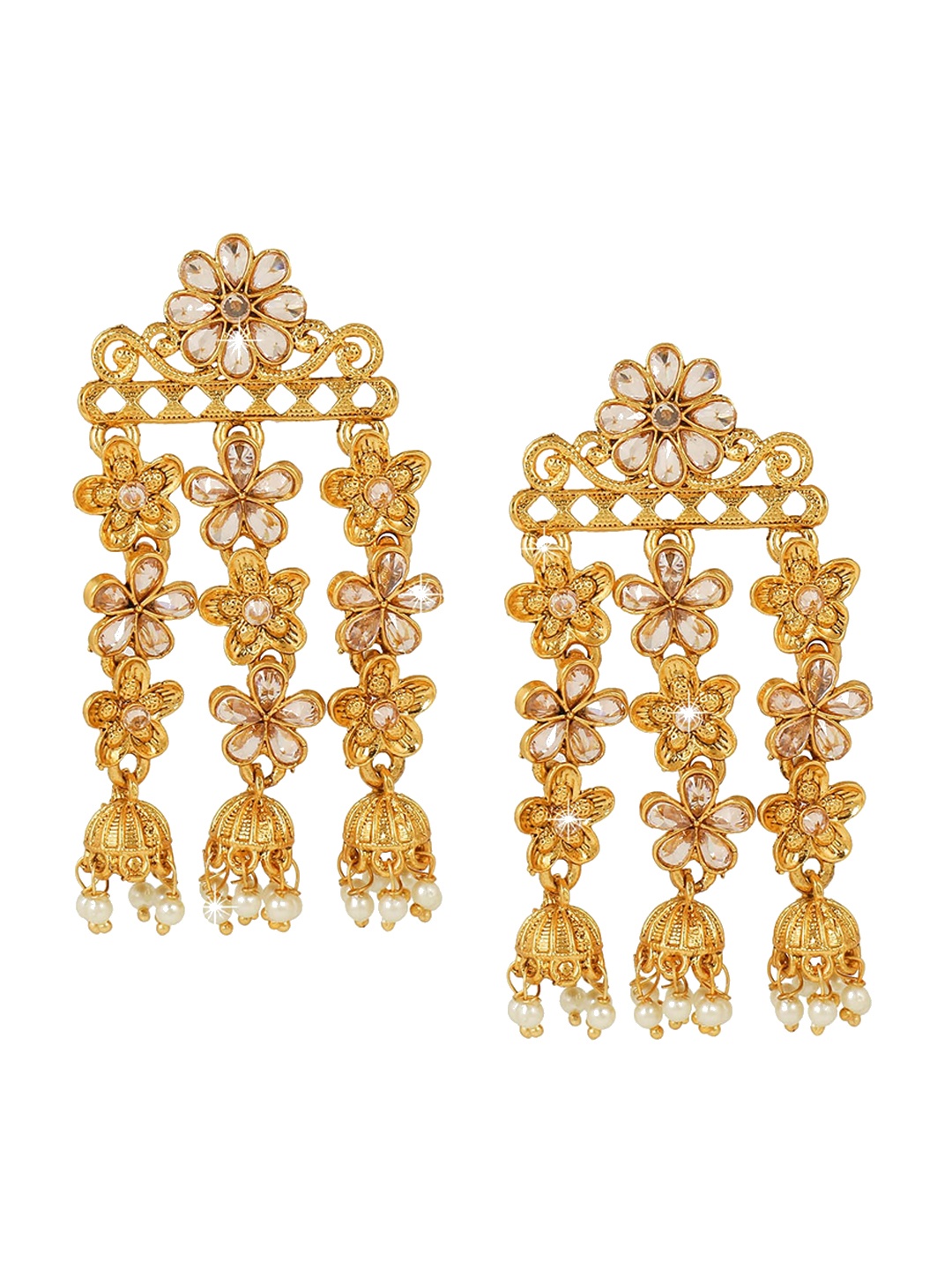 

Yellow Chimes Gold Plated Kundan Studded Floral Shaped Jhumka
