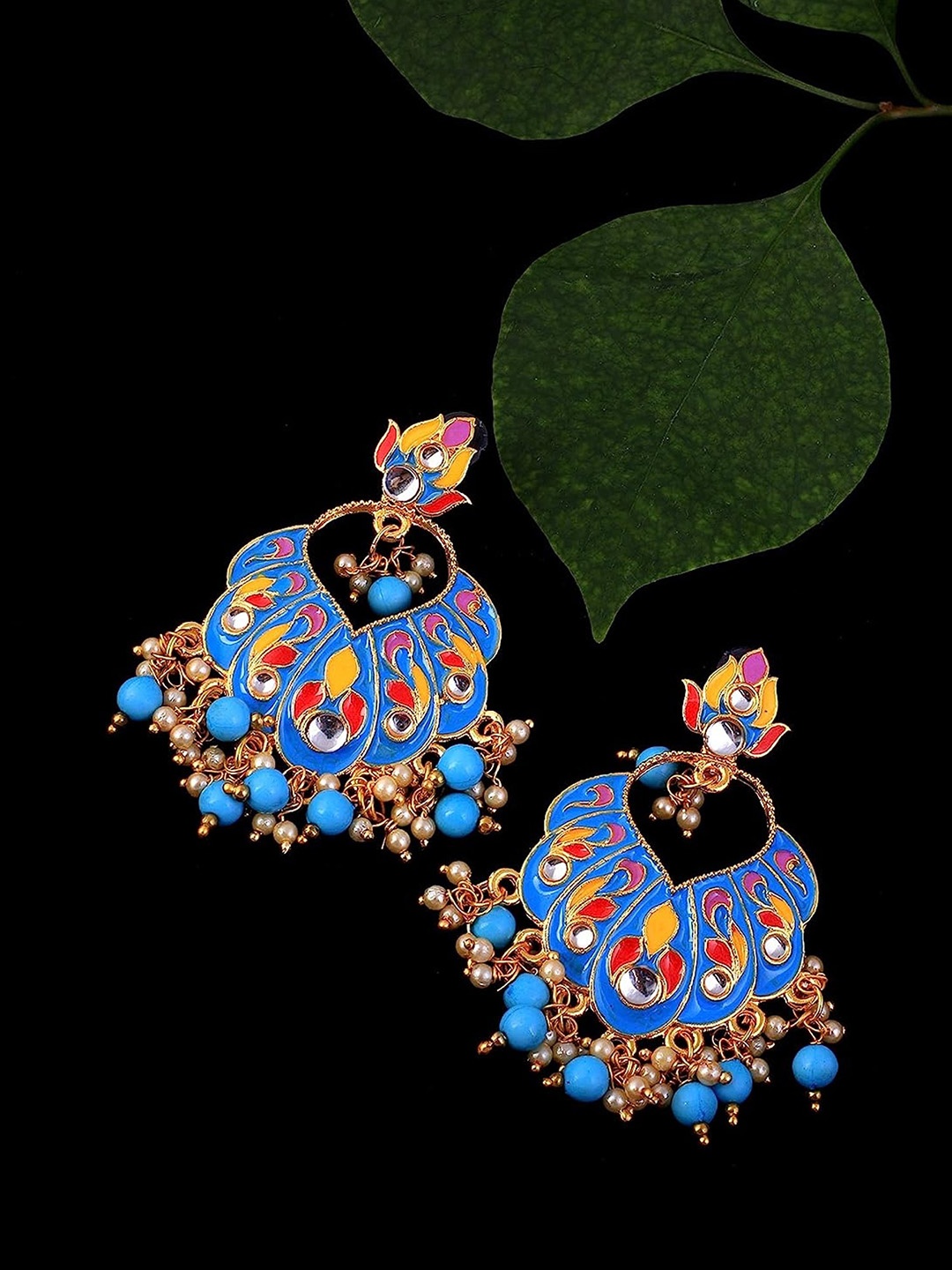 

Yellow Chimes Gold Plated Meenakari Chandbali Earrings, Blue