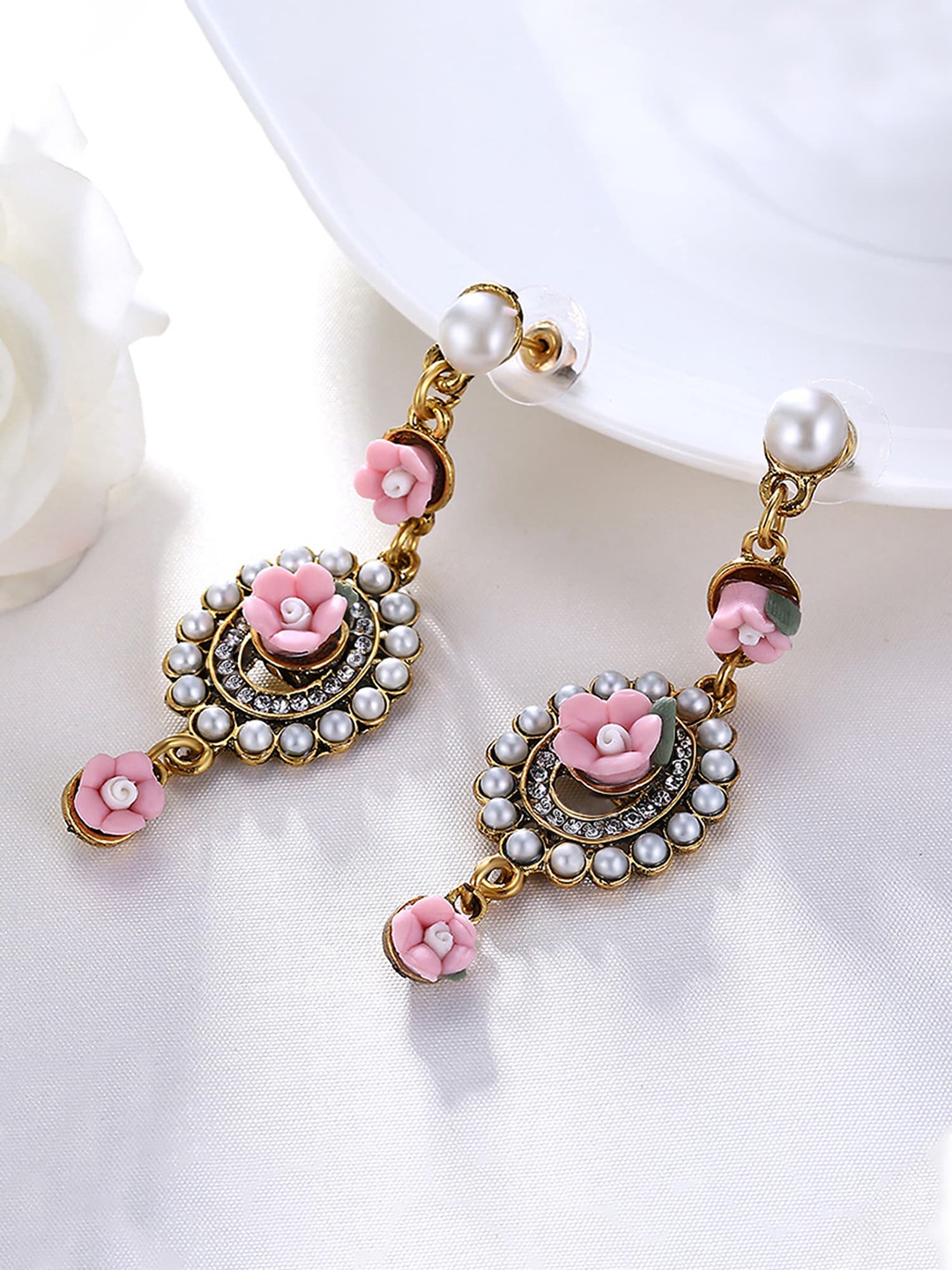

Yellow Chimes Crystals Studded Floral Drop Earrings, Gold