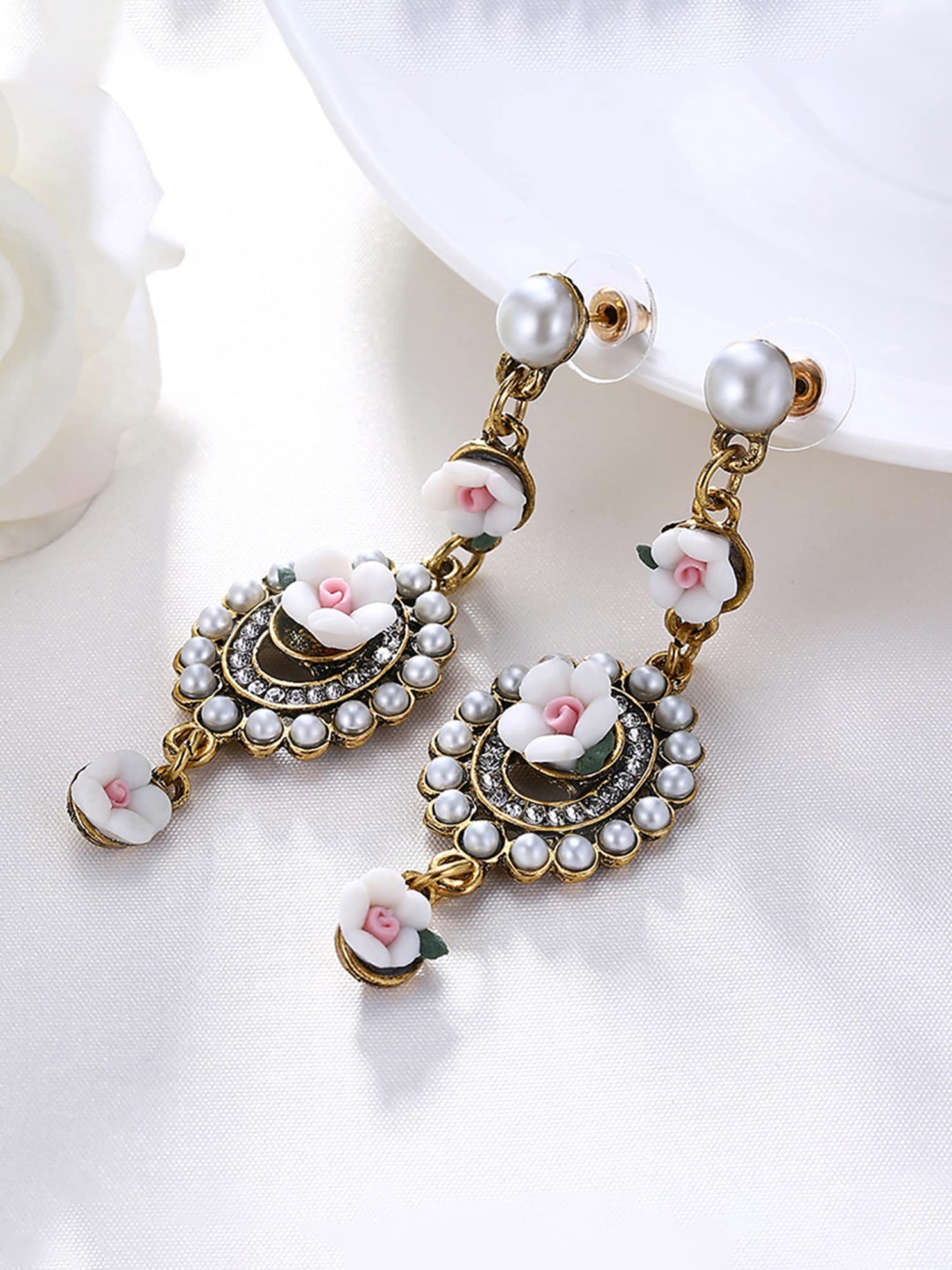 

Yellow Chimes Crystal Studded Contemporary Drop Earrings, Gold
