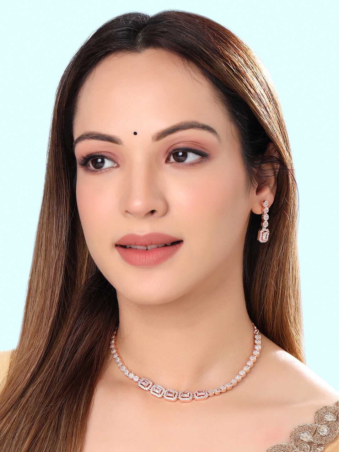 

Yellow Chimes AD Stone-Studded Jewellery Set, Rose gold