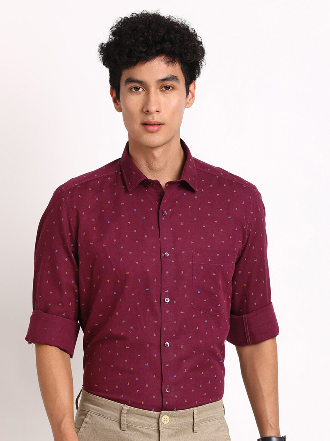

Turtle Smart Slim Fit Micro Ditsy Printed Formal Cotton Linen Shirt, Burgundy