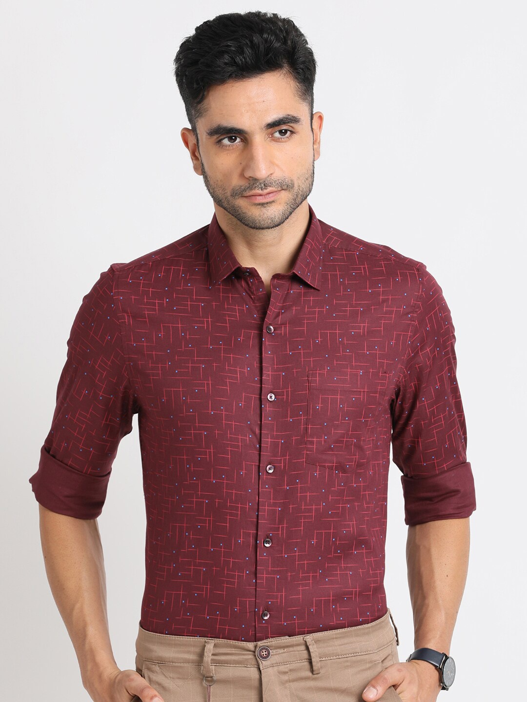 

Turtle Smart Geometric Printed Slim Fit Spread Collar Long Sleeve Cotton Formal Shirt, Maroon