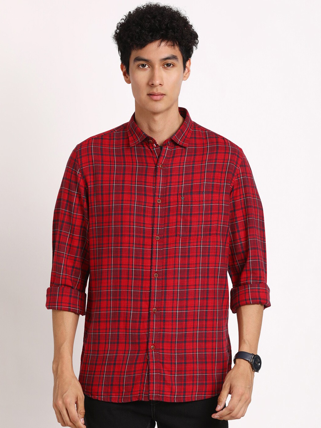 

Turtle Smart Slim Fit Checked Spread Collar Long Sleeve Formal Shirt, Red