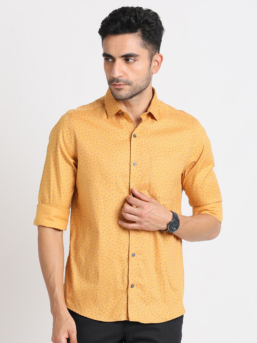 

Turtle Smart Slim Fit Micro Ditsy Printed Spread Collar Long Sleeve Cotton Shirt, Mustard