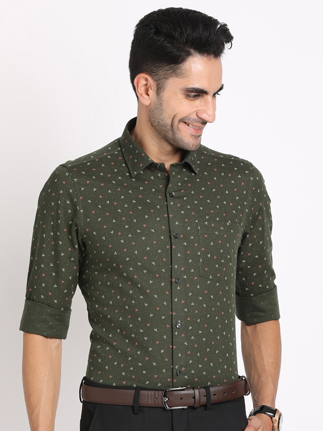 

Turtle Smart Slim Fit Micro Disty Printed Cotton Linen Formal Shirt, Olive