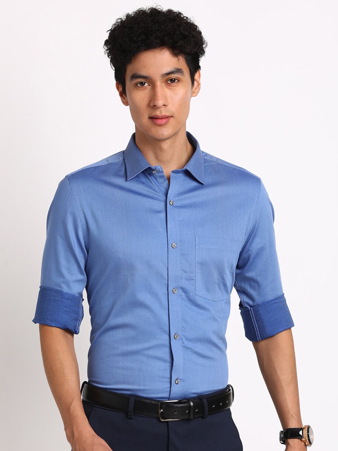 

Turtle Smart Slim Fit Dobby Formal Giza Cotton Shirt, Blue