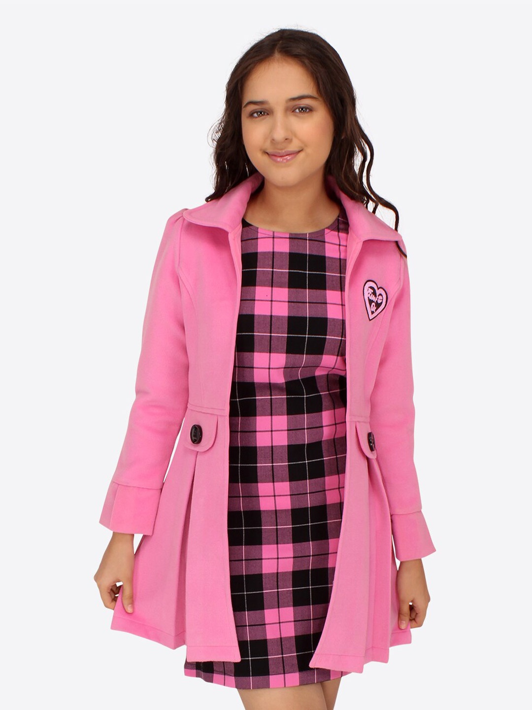 

CUTECUMBER Girls Checked A-Line Dress With Jacket, Pink