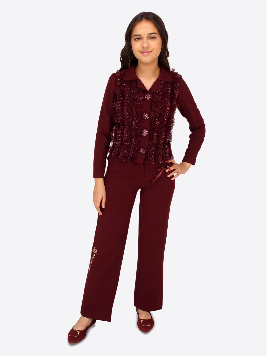 

CUTECUMBER Girls Embellished Coat With Trousers, Maroon