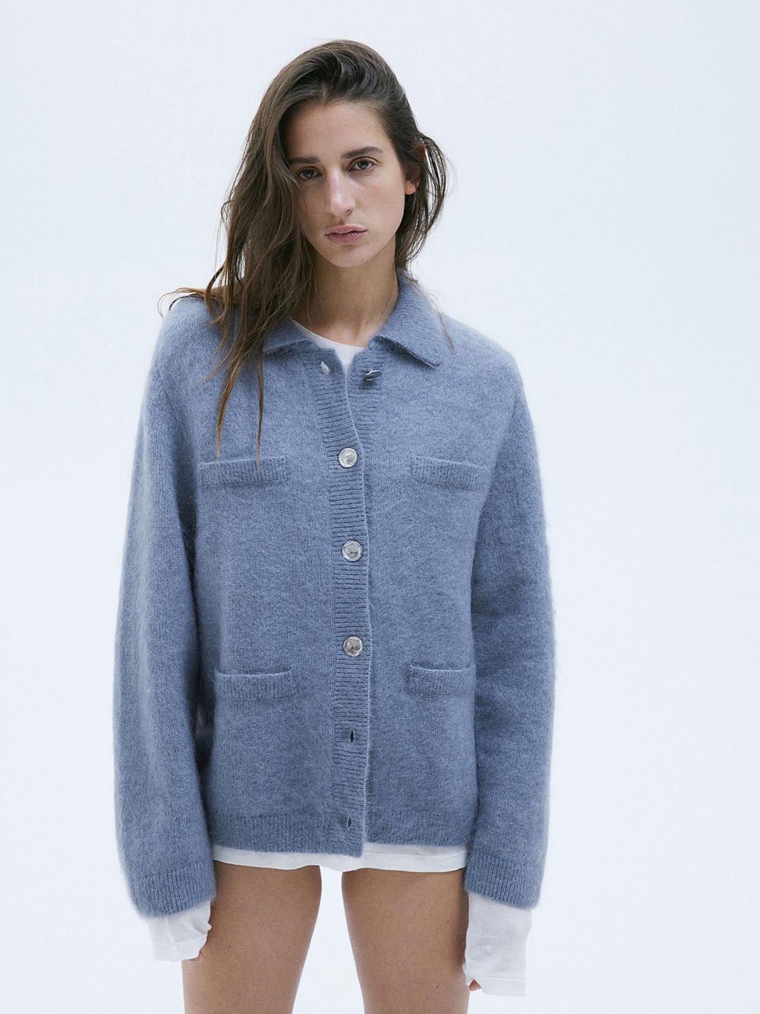 

H&M Mohair-Blend Collared Cardigan, Blue