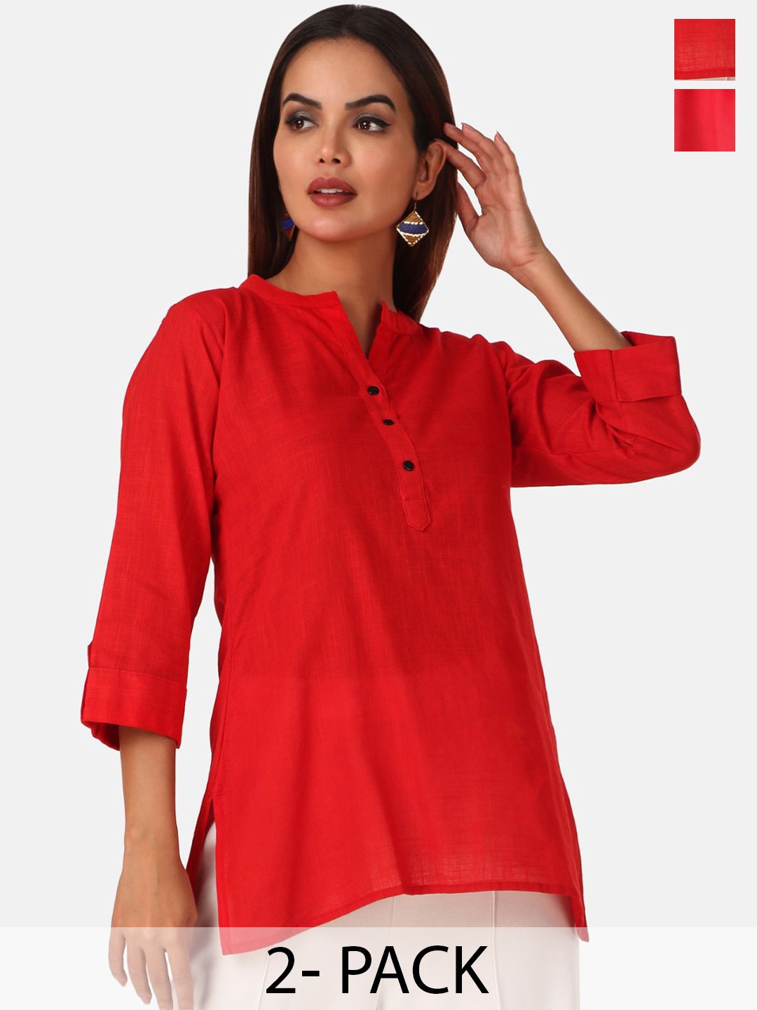 

Fasense Pack of 2 Mandarin Collar Top, Red