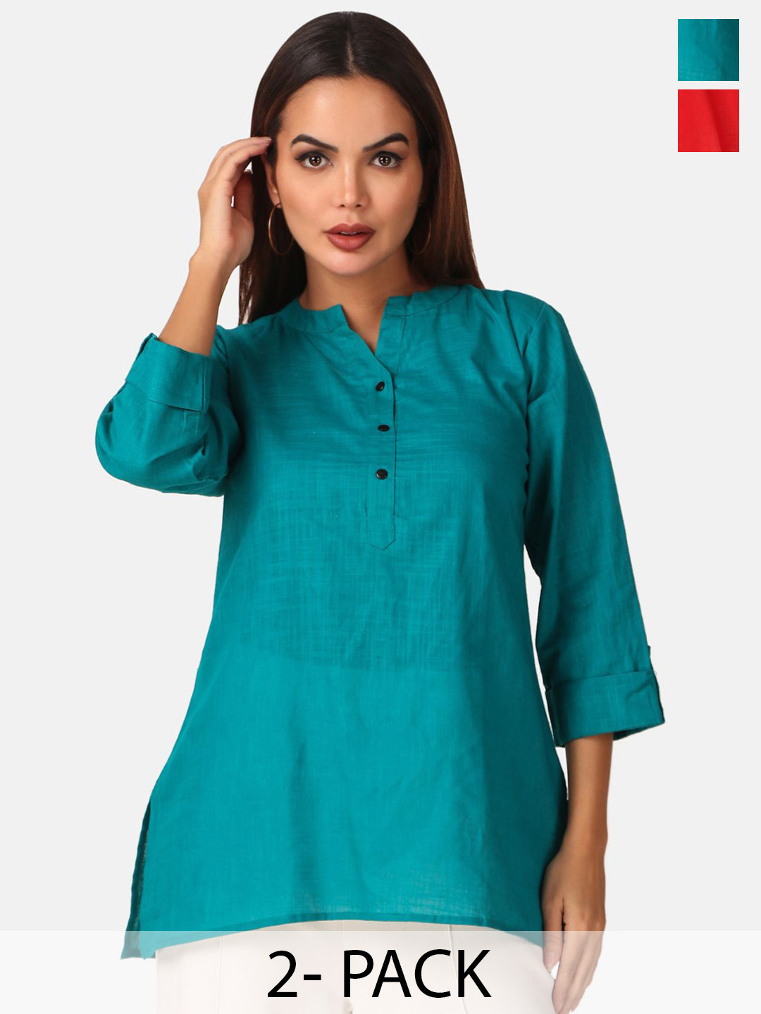 

Fasense Pack of 2 Mandarin Collar Top, Blue