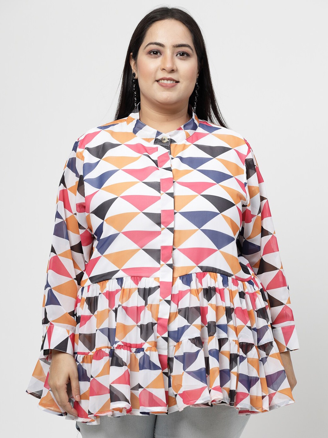 

Flambeur Plus Size Printed Mandarin Collar Peplum Top, White