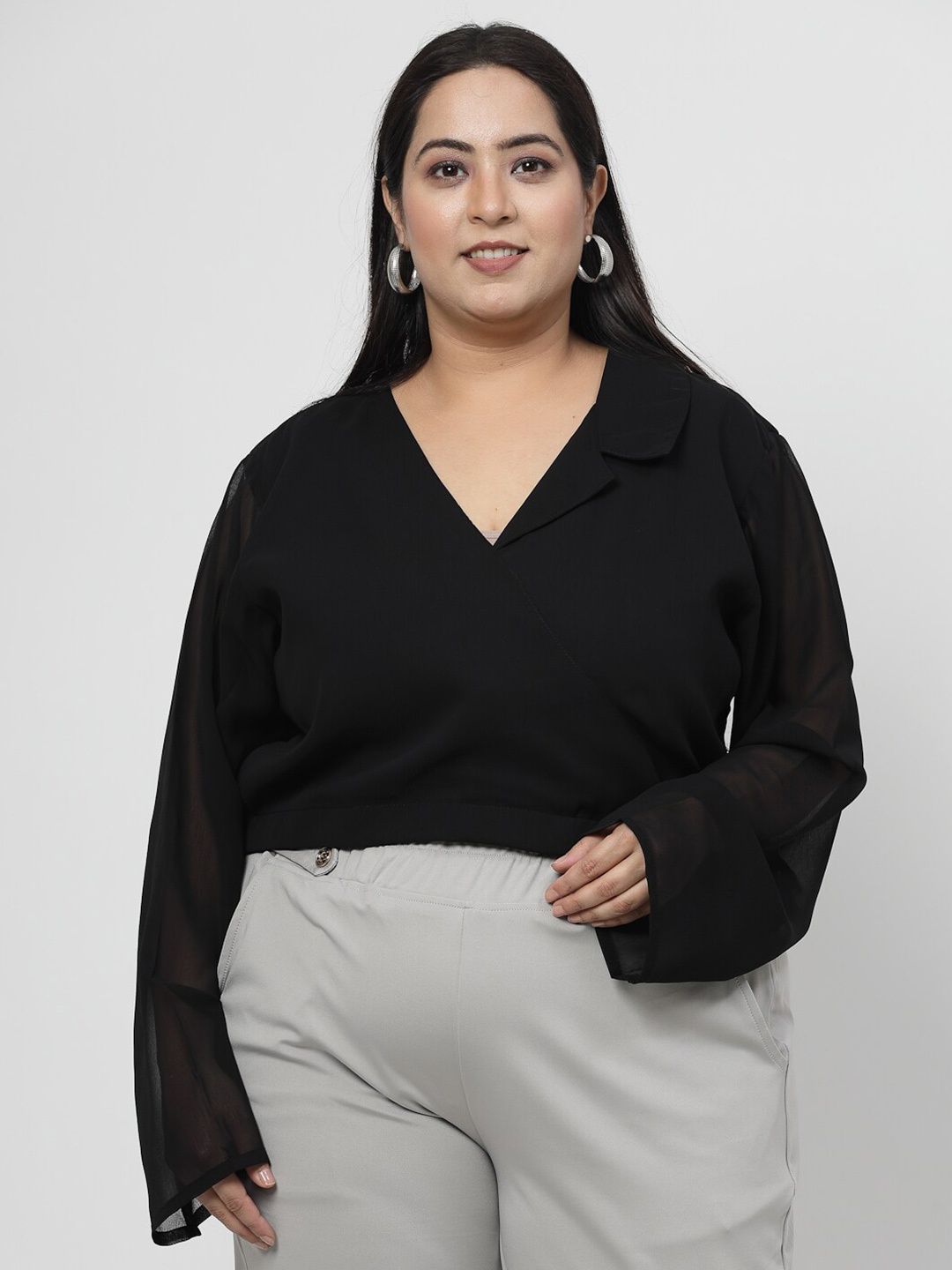 

Flambeur Plus Size Flared Sleeves Wrap Crop Top, Black