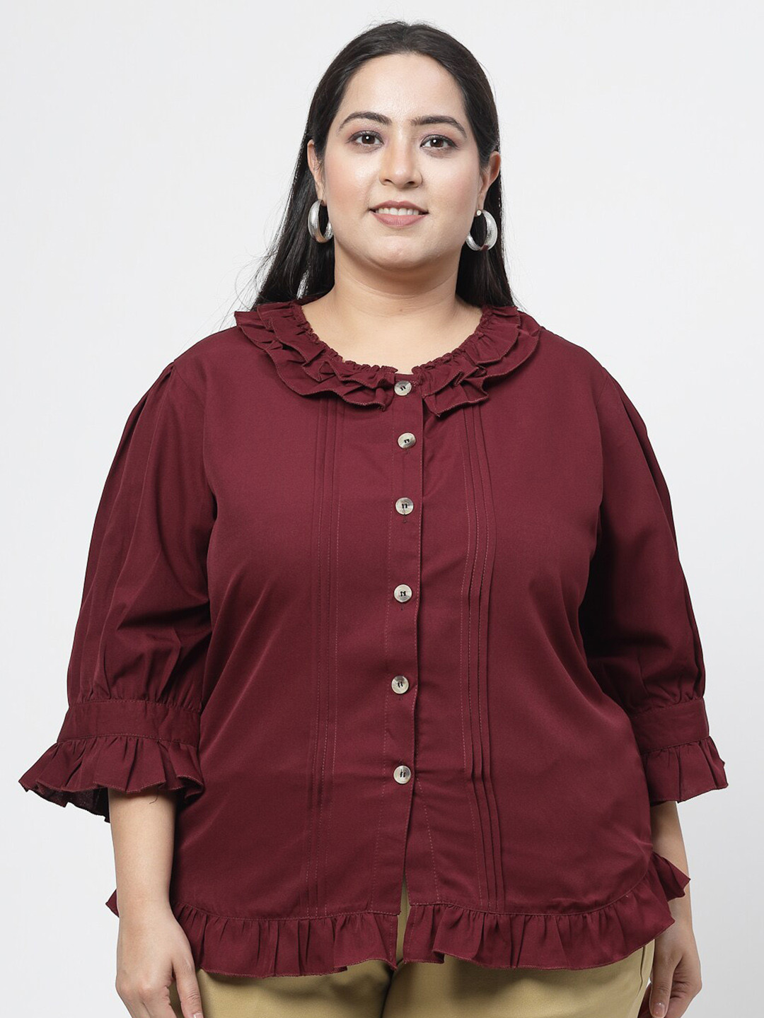 

Flambeur Plus Size Bell Sleeves Ruffles Detail Top, Maroon