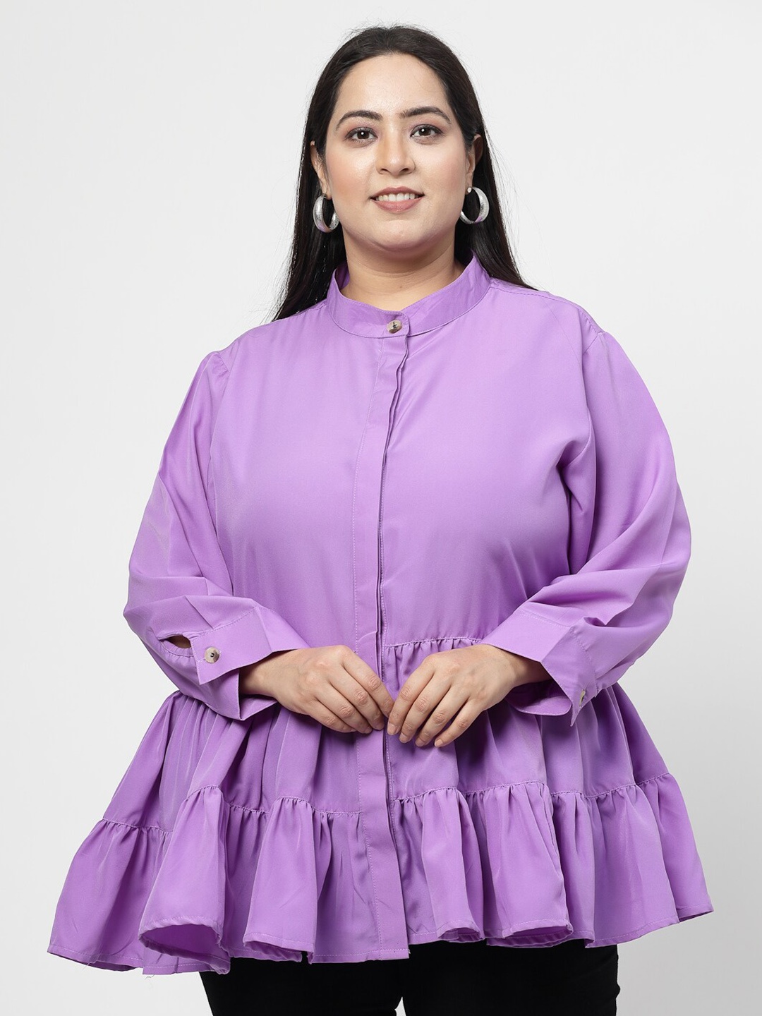 

Flambeur Plus Size Mandarin Collar Cuffed Sleeves Gathered or Pleated A-Line Top, Purple