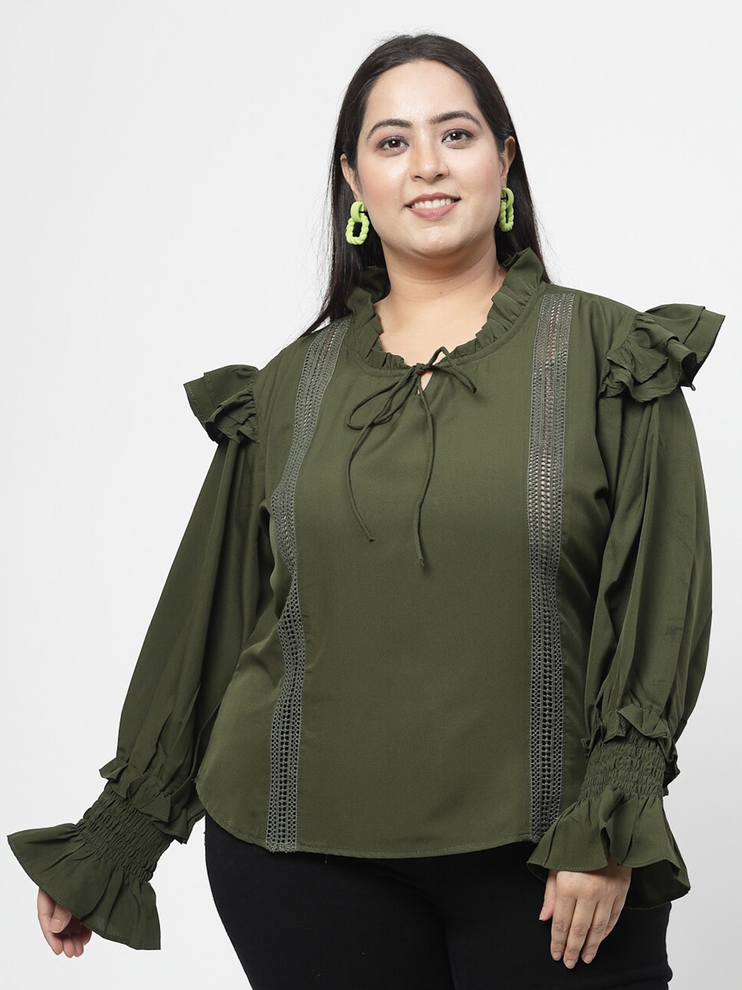 

Flambeur Plus Size Tie-Up Neck Ruffled Smocked Top, Olive