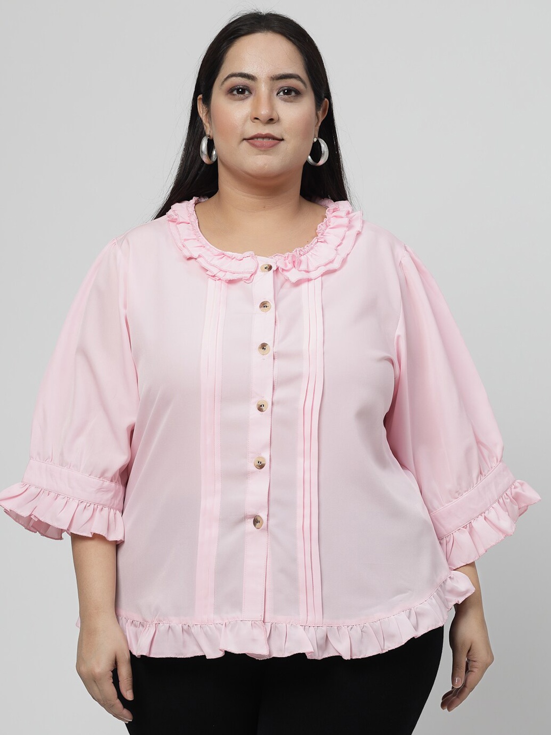 

Flambeur Plus Size Bell Sleeves Ruffles Detail Top, Pink