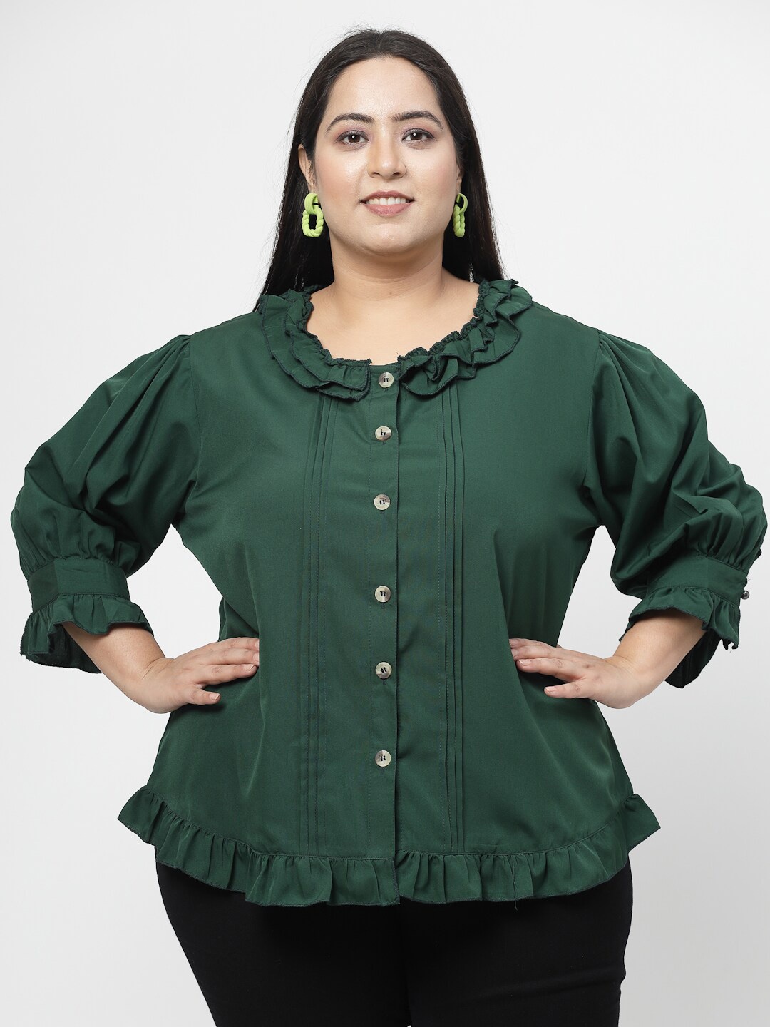 

Flambeur Plus Size Bell Sleeves Ruffles Detail Top, Green