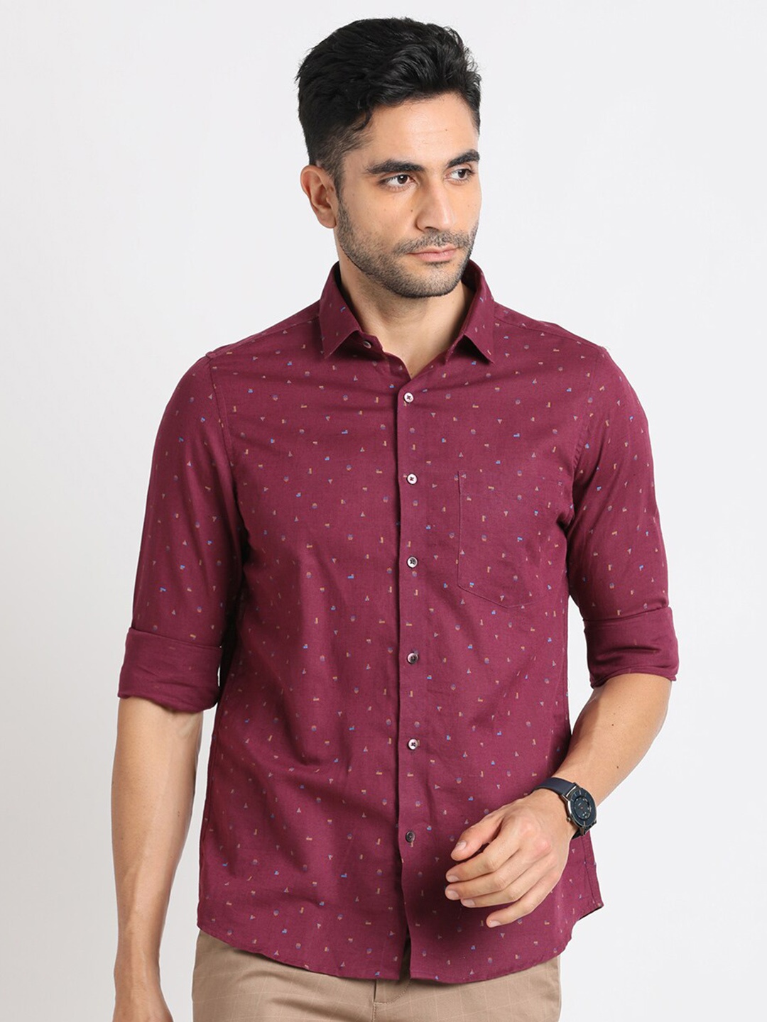 

Turtle Standard Micro Ditsy Printed Casual Cotton Linen Shirt, Burgundy
