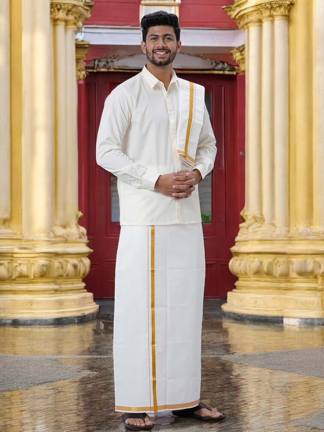 

Ramraj Pure Cotton Shirt & Zari Border Veshti With Angavastram, White