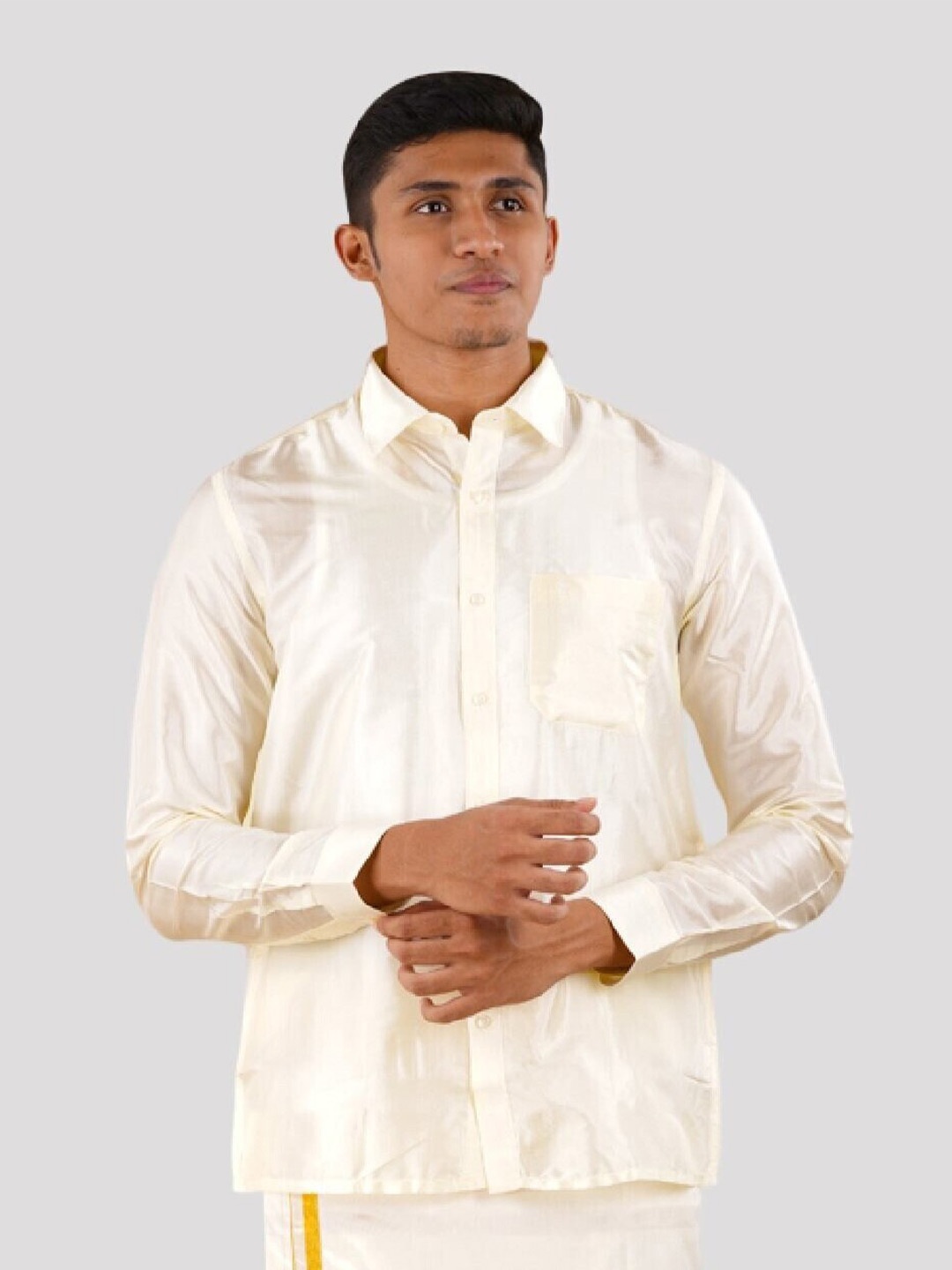 

Ramraj Men Shirt with Readymade Panchakacham Dhoti and Towel Art Silk, Cream