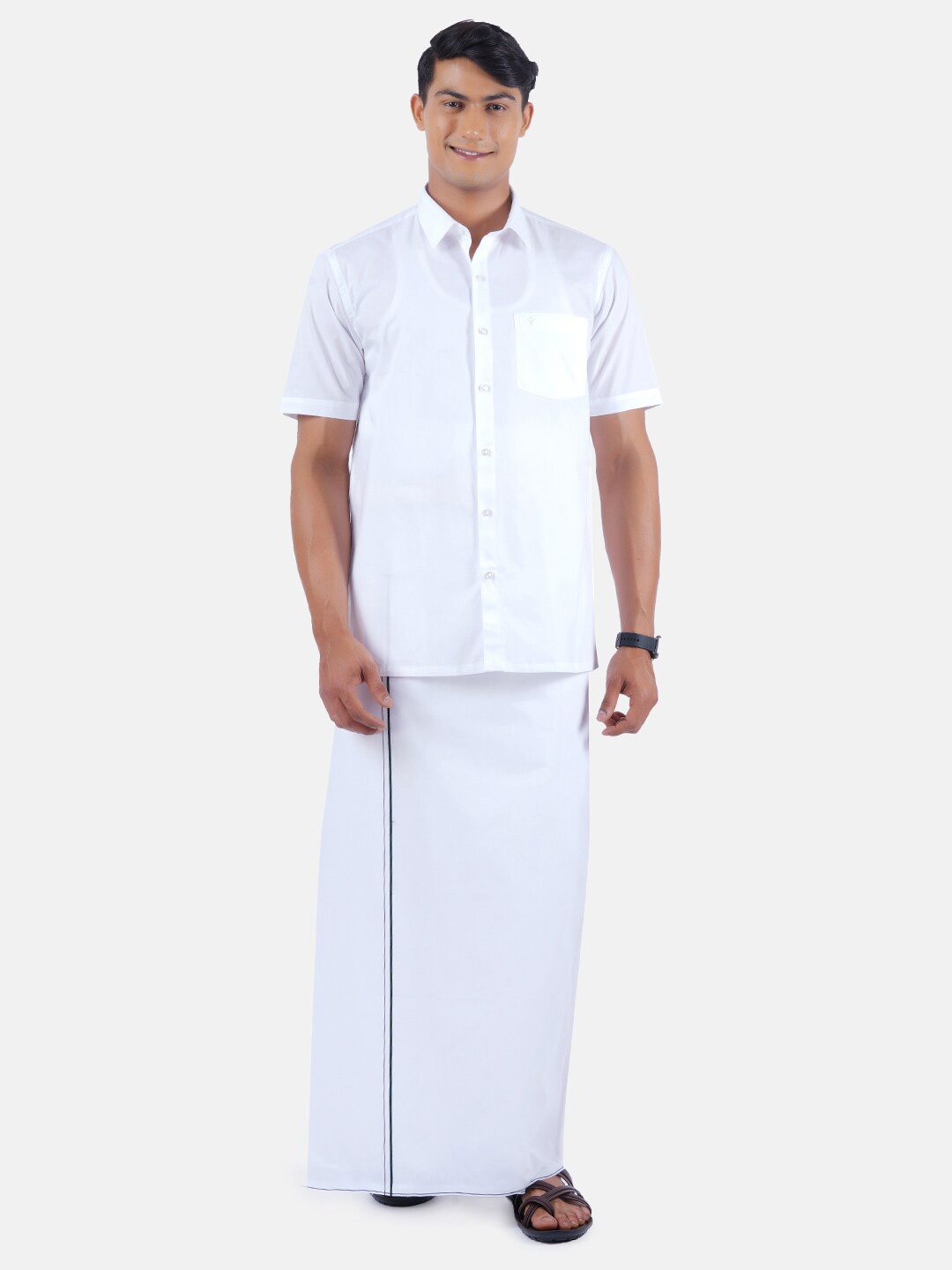 

Ramraj Pure Cotton Short Sleeves Shirt With Dhoti Pant, White