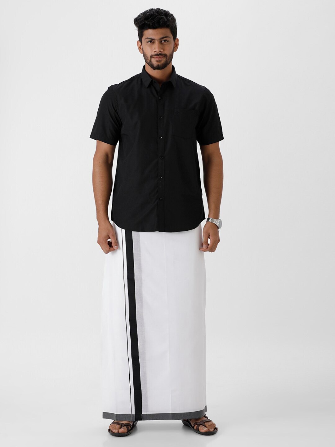 

Ramraj Shirt Collar Short Sleeves Pure Cotton Shirt With Veshti, Black