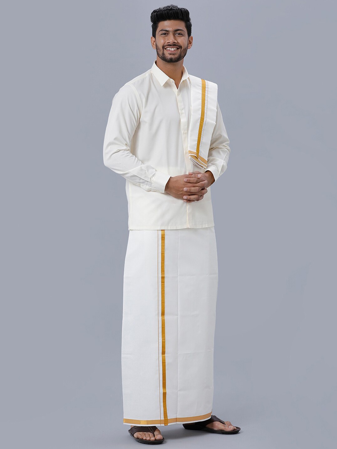 

Ramraj Long Sleeves Pure Cotton Shirt & Veshti With Angavastram, White