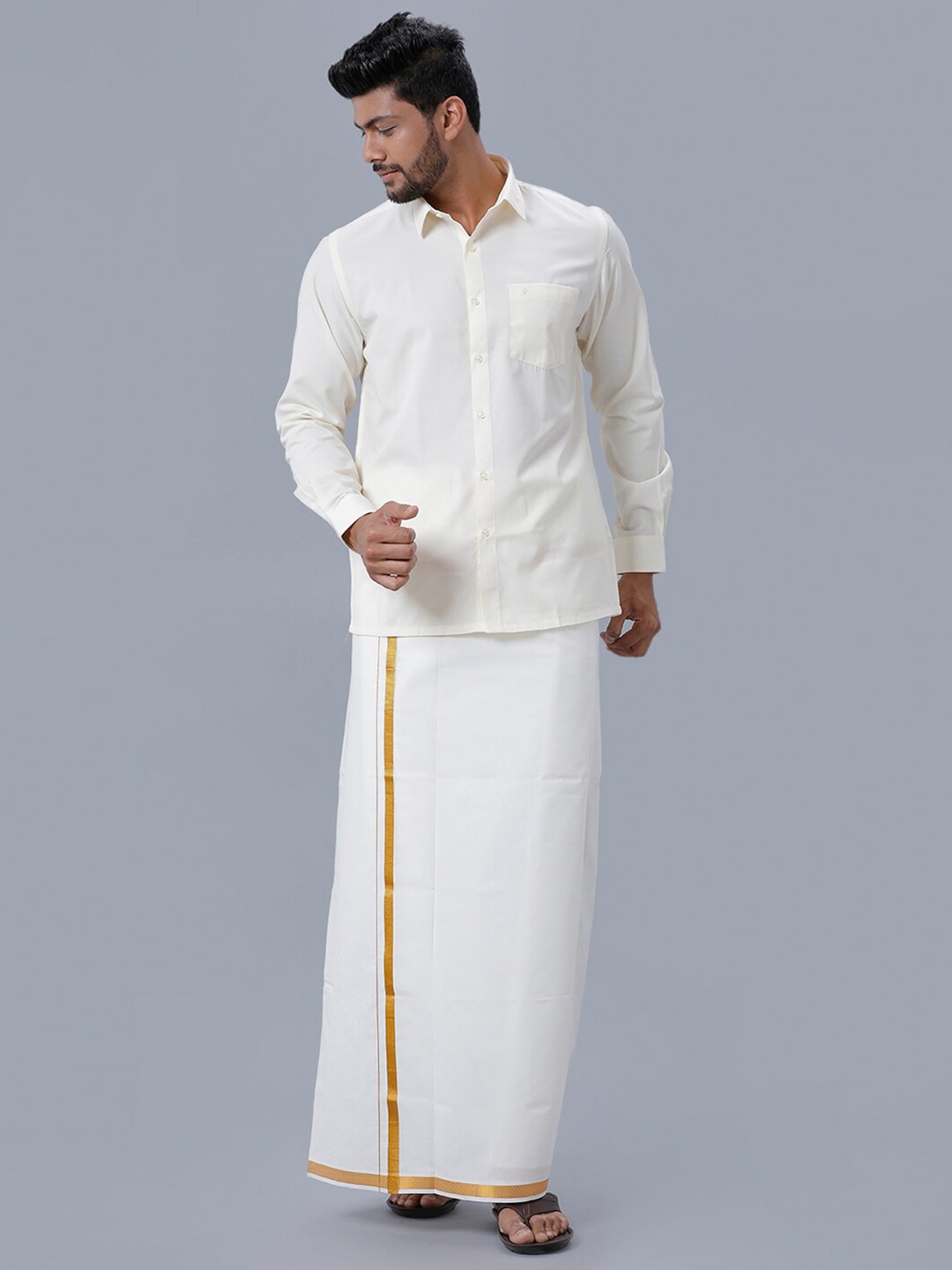 

Ramraj Long Sleeves Pure Cotton Shirt With Zari Border Veshti, White