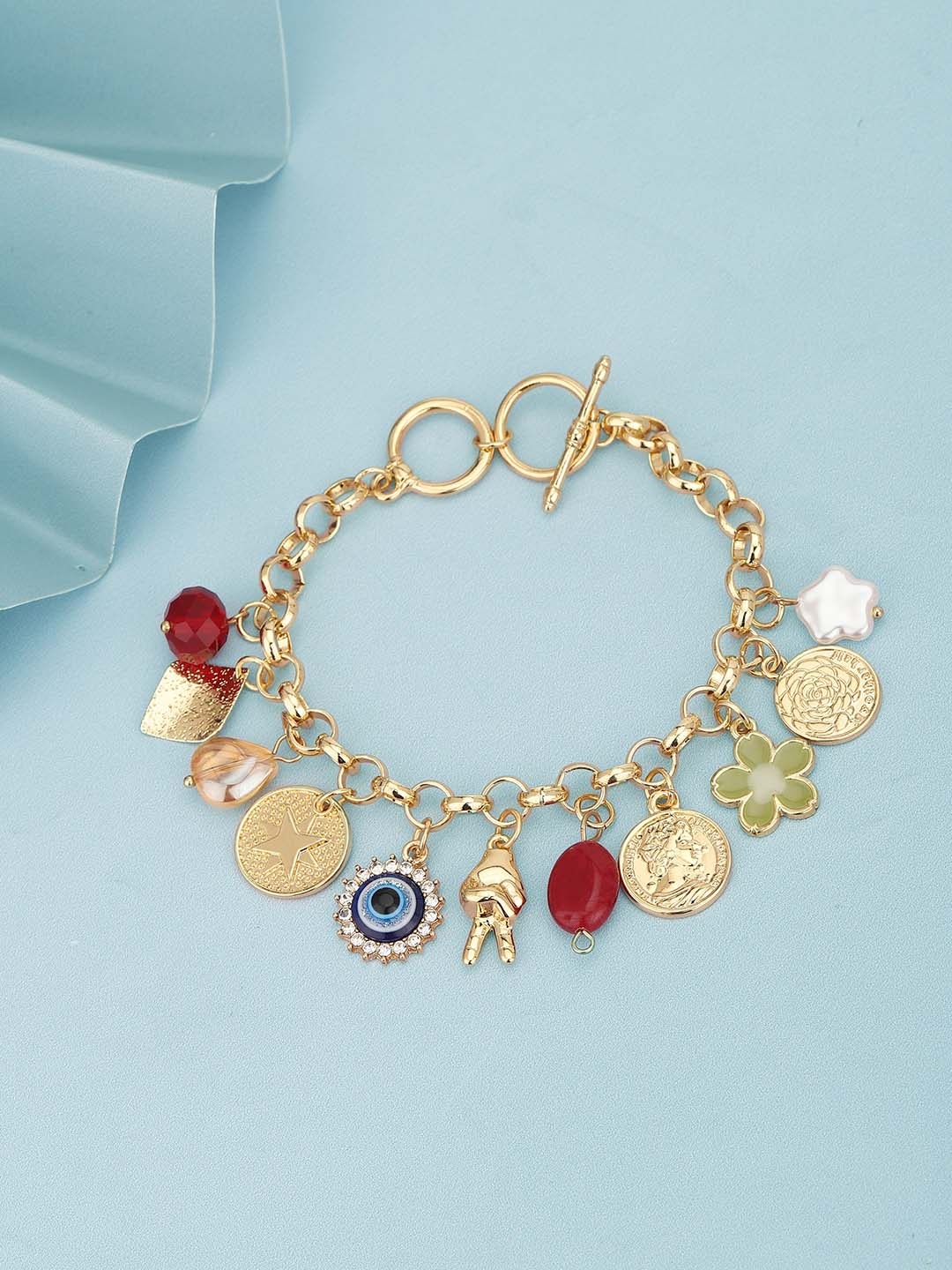 

Carlton London Women Gold-Plated Pearls-Studded Charm Bracelet