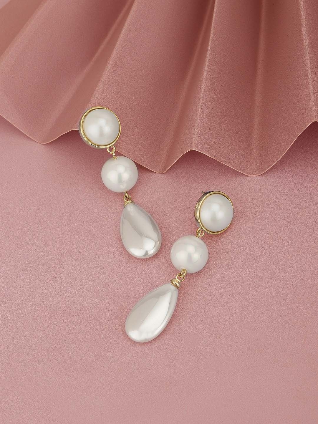 

Carlton London Gold-Plated Pearls-Studded Contemporary Drop Earrings, White