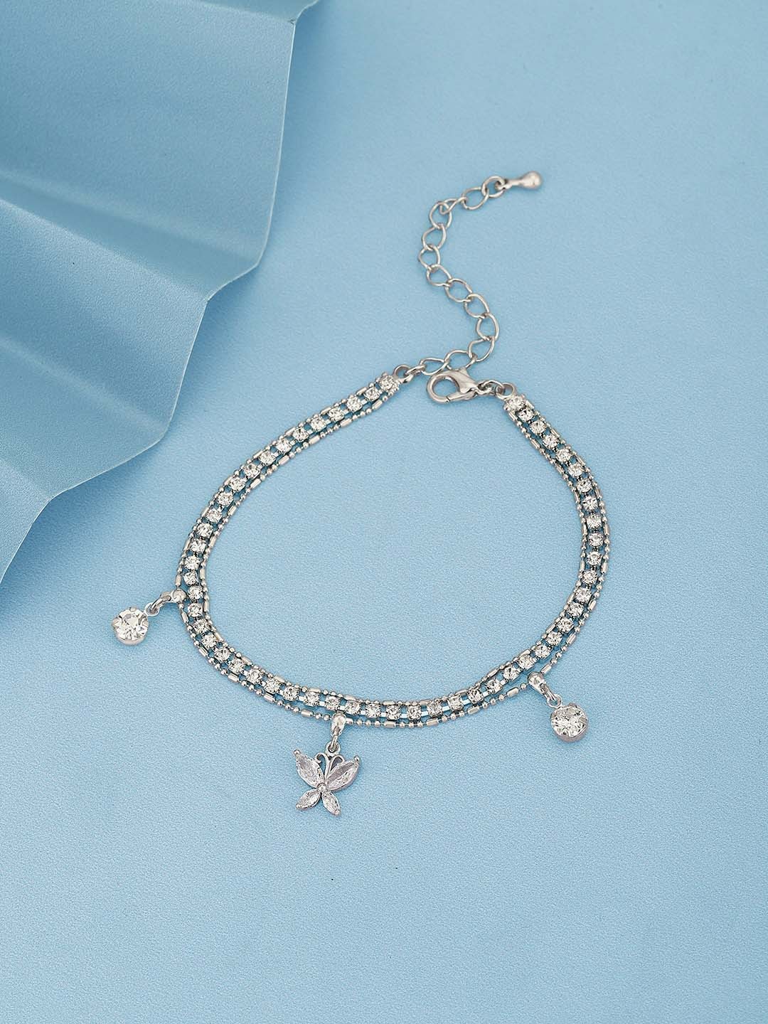 

Carlton London Women Silver-Plated Crystals-Studded Layered Anklet