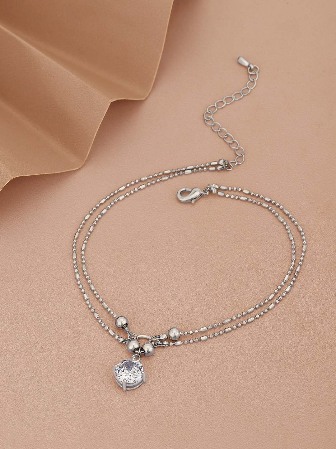 

Carlton London Women Silver-Plated Crystals-Studded Layered Anklet