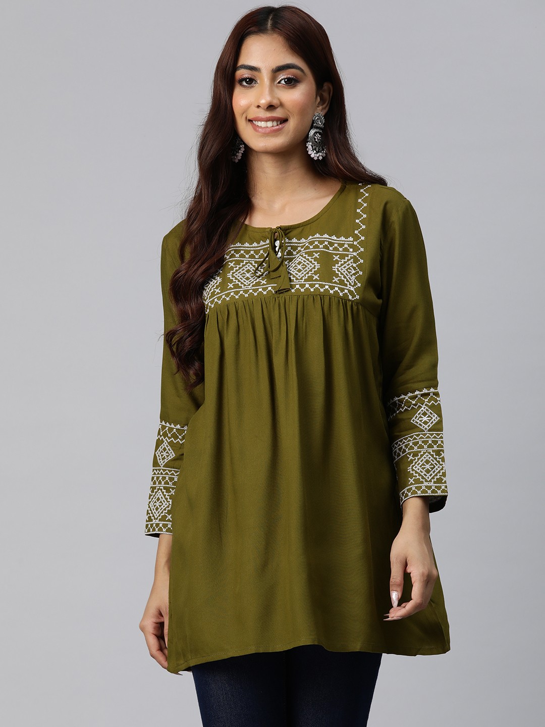 Readiprint Geometric Embroidered Thread Work Pleated Kurti, Green