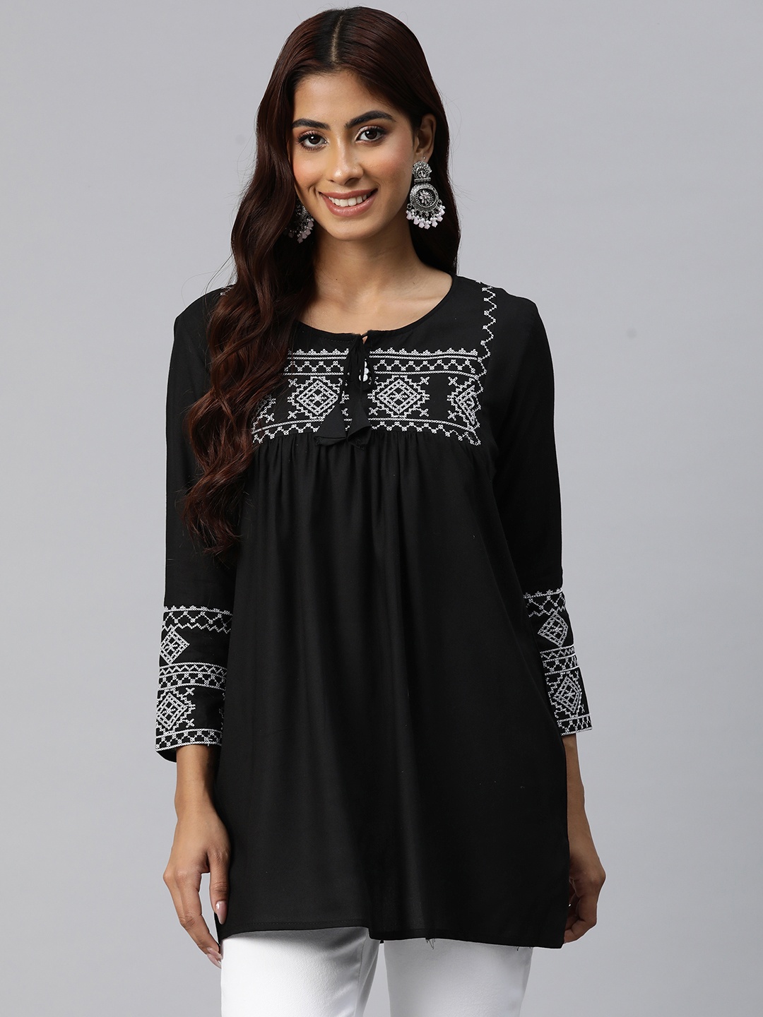 Readiprint Geometric Embroidered Thread Work Pleated Kurti, Black