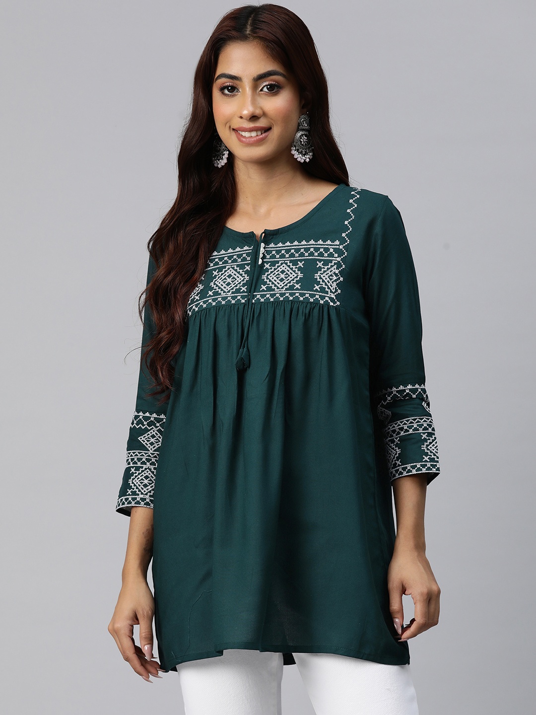 

Readiprint Geometric Embroidered Thread Work Pleated Kurti, Teal