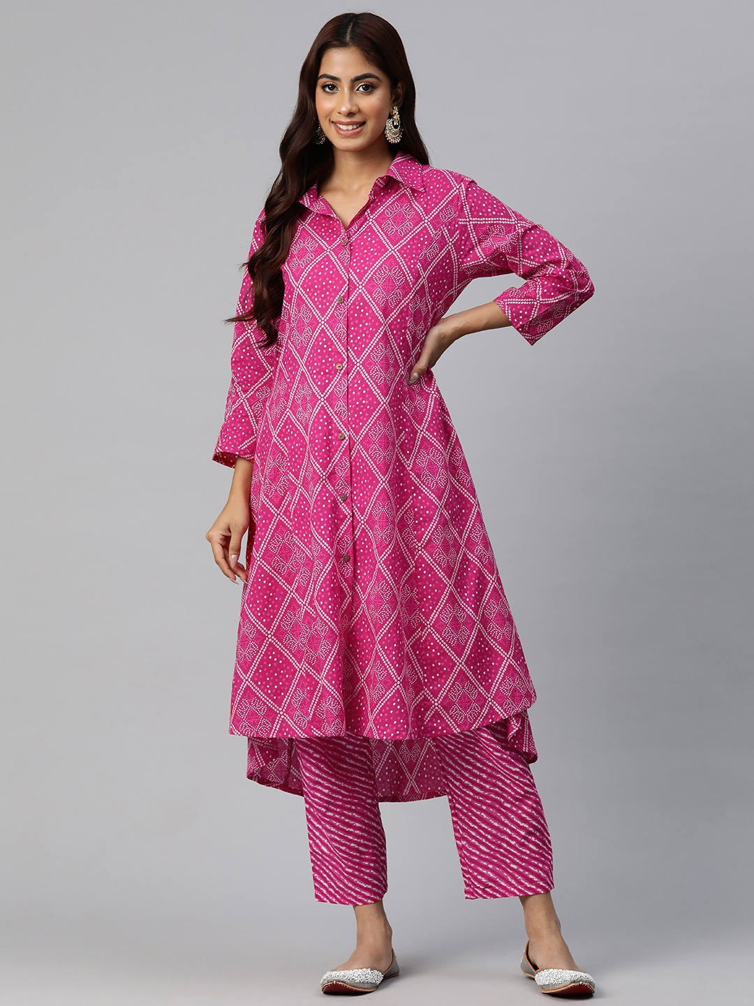

Readiprint Women Bandhani Printed Panelled Pure Cotton Kurta with Trousers, Pink